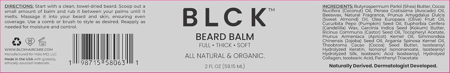 BLCK Beard Balm – All Natural & Organic – Beard Conditioner for Men – 2 oz / 59.15 ml