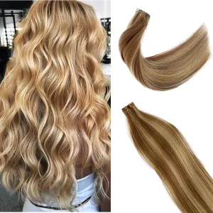 Blonde Tape in Hair Extensions with Highlights Golden Brown with Bleach Blonde Hair Invisible Tape ins Silky Straight 20pcs/30g Seamless Skin Weft Human 100% Remy Real Hair Glue in Extensions 16"