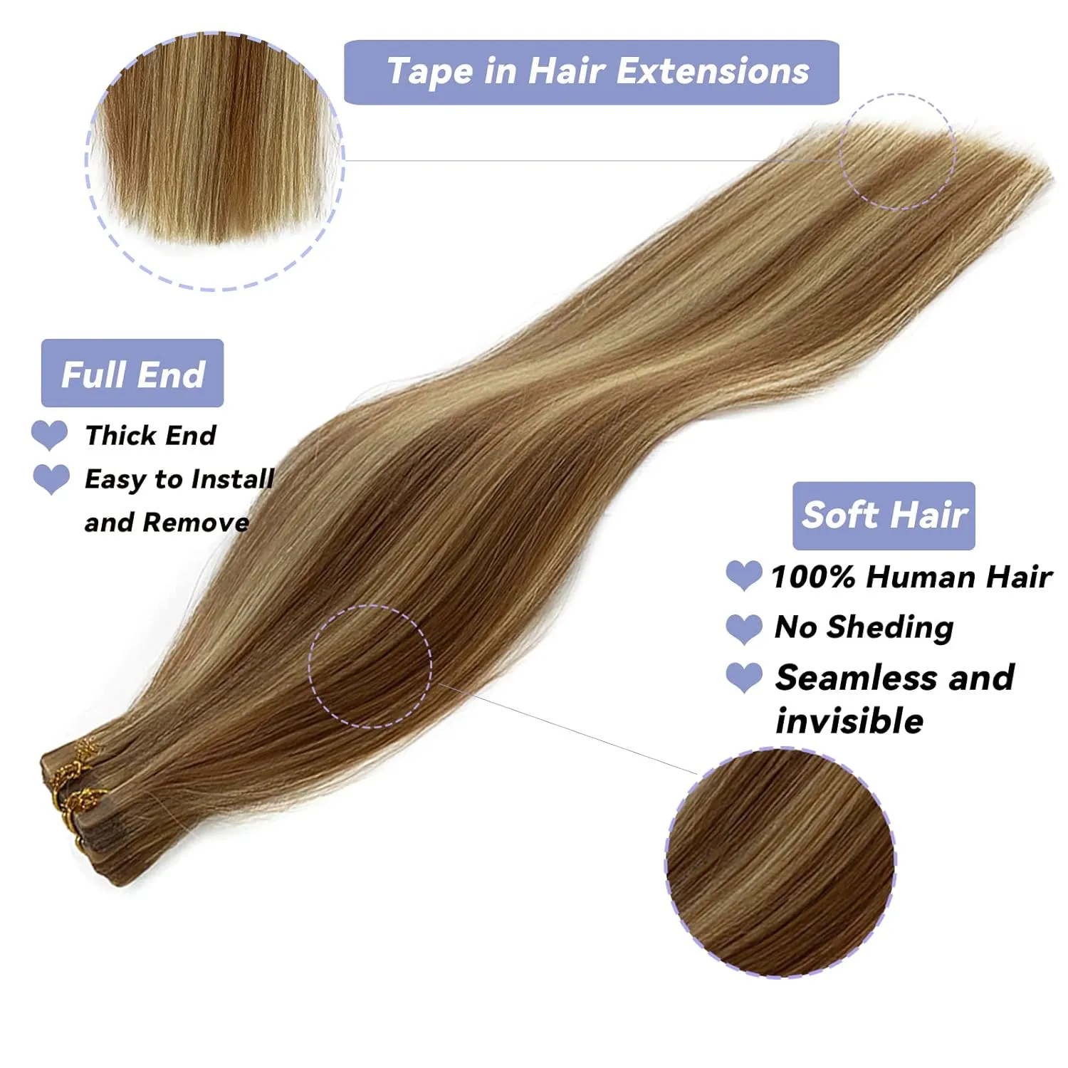 Blonde Tape in Hair Extensions with Highlights Golden Brown with Bleach Blonde Hair Invisible Tape ins Silky Straight 20pcs/30g Seamless Skin Weft Human 100% Remy Real Hair Glue in Extensions 16"