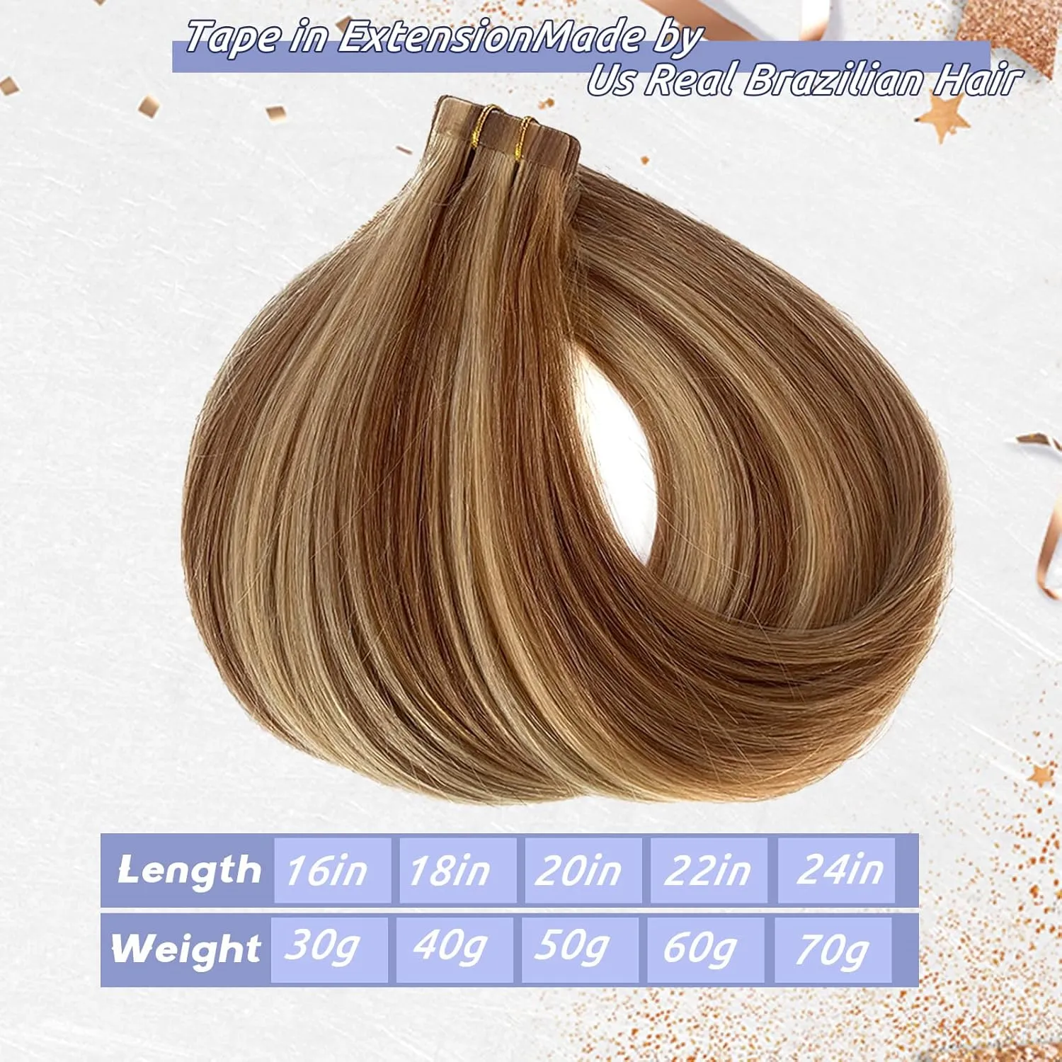 Blonde Tape in Hair Extensions with Highlights Golden Brown with Bleach Blonde Hair Invisible Tape ins Silky Straight 20pcs/30g Seamless Skin Weft Human 100% Remy Real Hair Glue in Extensions 16"