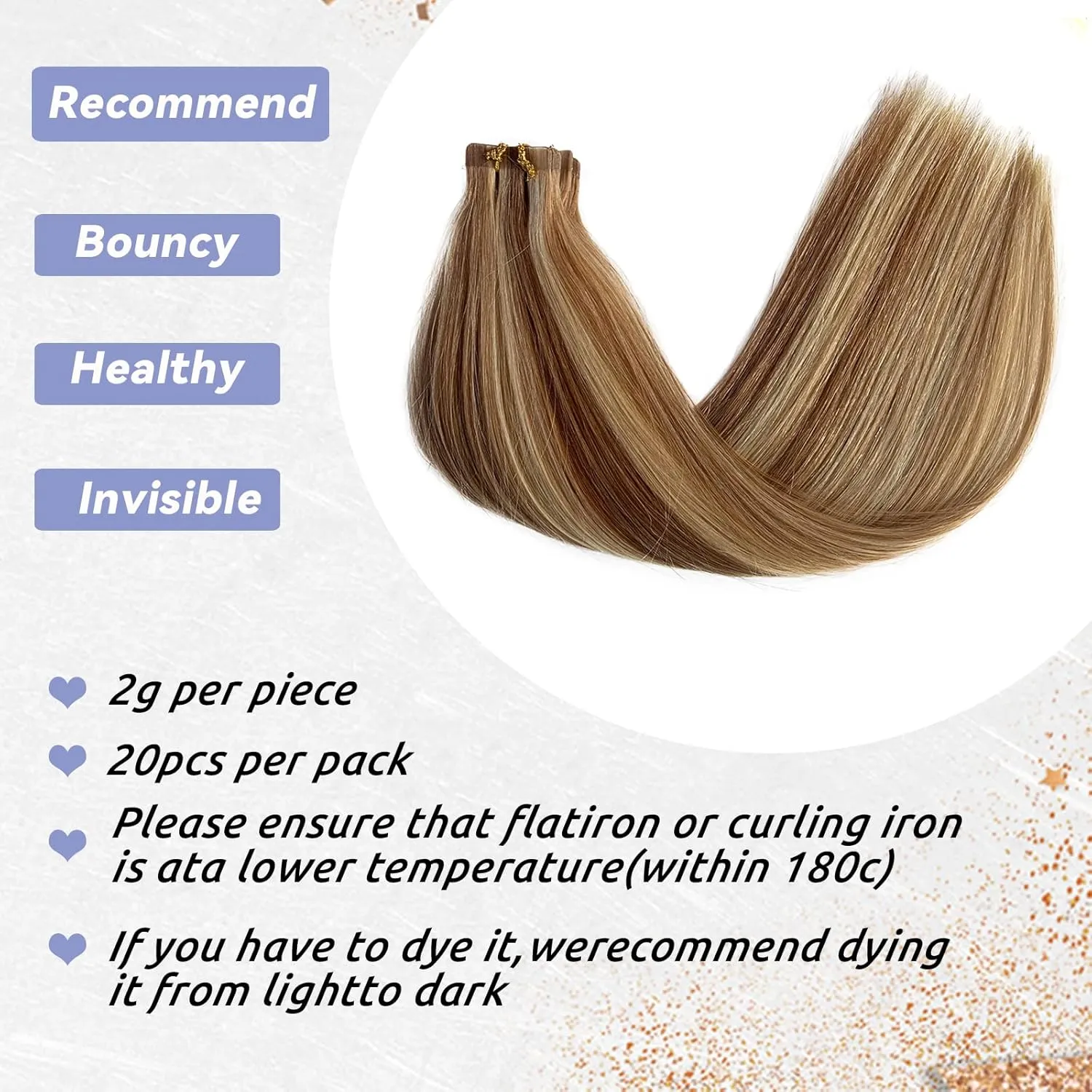 Blonde Tape in Hair Extensions with Highlights Golden Brown with Bleach Blonde Hair Invisible Tape ins Silky Straight 20pcs/30g Seamless Skin Weft Human 100% Remy Real Hair Glue in Extensions 16"