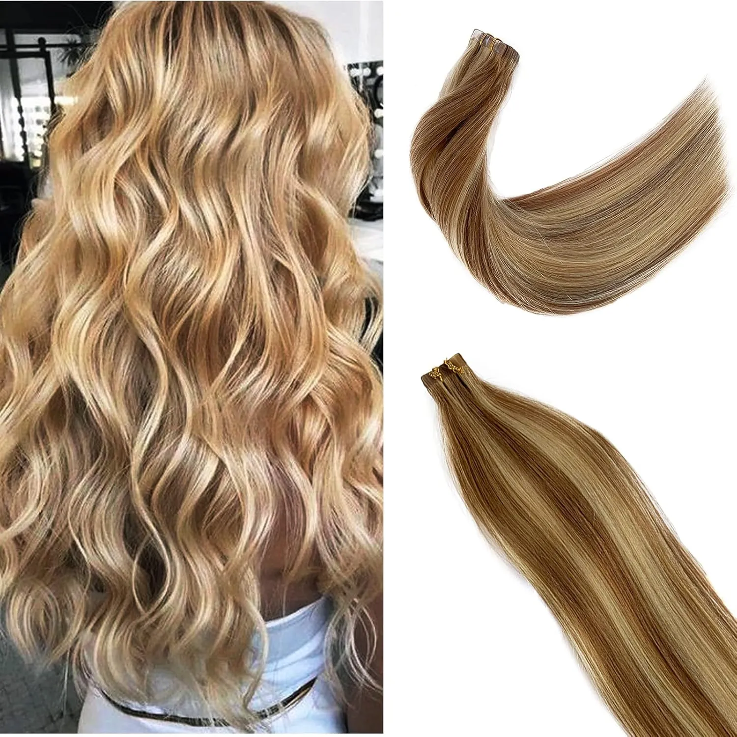 Blonde Tape in Hair Extensions with Highlights Golden Brown with Bleach Blonde Hair Invisible Tape ins Silky Straight 20pcs/30g Seamless Skin Weft Human 100% Remy Real Hair Glue in Extensions 16"