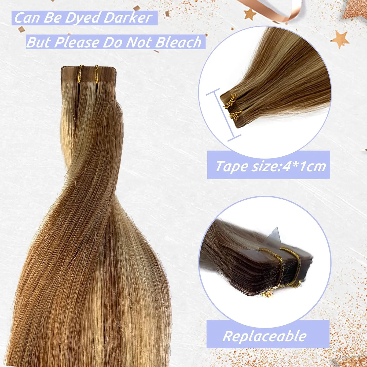 Blonde Tape in Hair Extensions with Highlights Golden Brown with Bleach Blonde Hair Invisible Tape ins Silky Straight 20pcs/30g Seamless Skin Weft Human 100% Remy Real Hair Glue in Extensions 16"