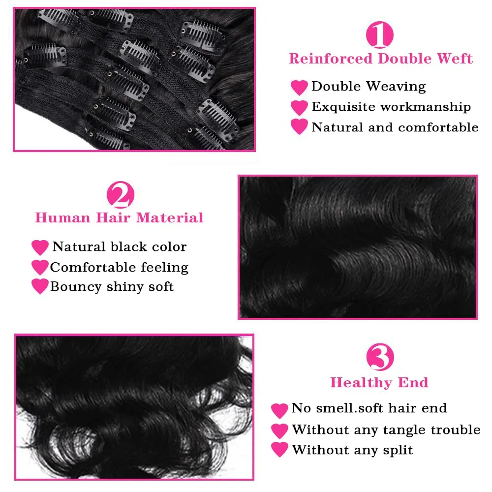 Body Wave Brazilian Clip in Hair Extensions Human Hair 8Pcs Remy Hair Extensions Clip ins for Black Women 120g (14inch, Natural Black)