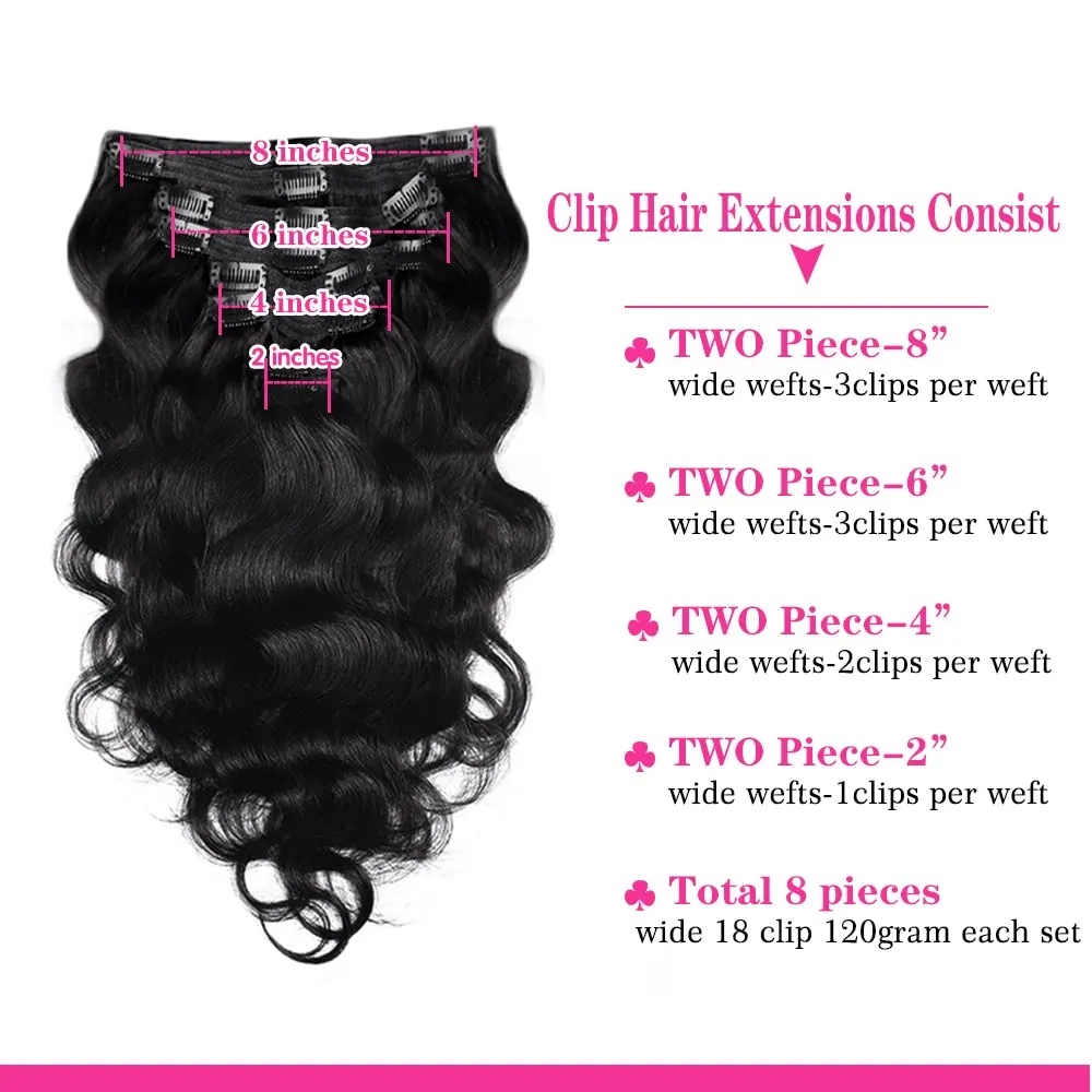 Body Wave Brazilian Clip in Hair Extensions Human Hair 8Pcs Remy Hair Extensions Clip ins for Black Women 120g (14inch, Natural Black)