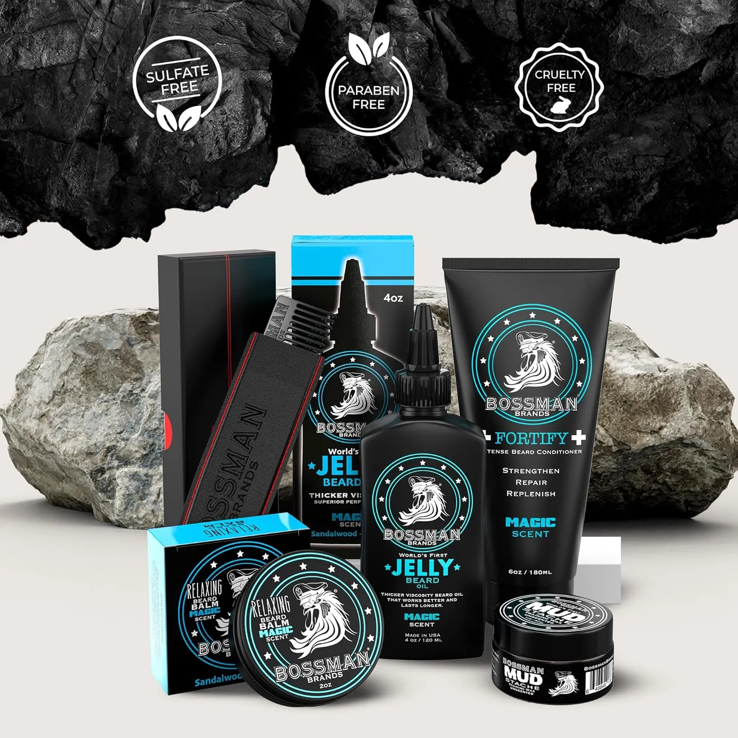 Bossman Complete Beard Kit – Men's Beard Oil Jelly, Fortifying Shower Conditioner, Balm, Mustache Wax & Comb – Beard Softener & Grooming Care (Magic Scent)