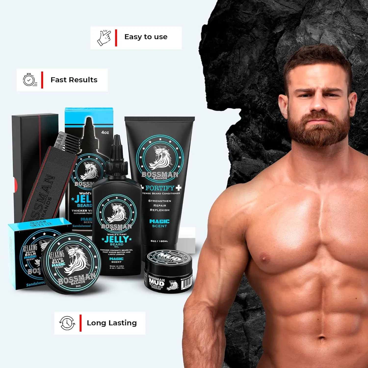 Bossman Complete Beard Kit – Men's Beard Oil Jelly, Fortifying Shower Conditioner, Balm, Mustache Wax & Comb – Beard Softener & Grooming Care (Magic Scent)