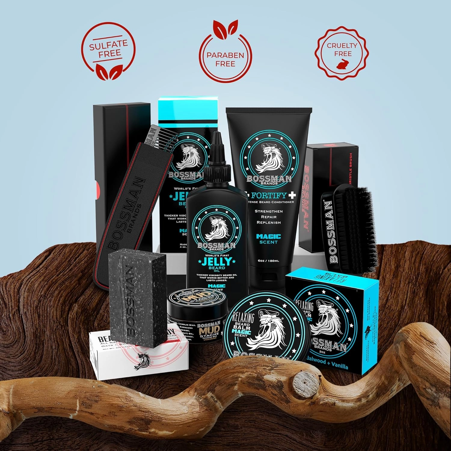 Bossman Big Boss Beard Care Kit for Men - 7 Piece Beard Grooming Kit with Jelly Beard Oil, Beard Conditioner, Beard Balm, MUDstache Wax, Bar Soap, Metal Comb, Brush - Mustache Kit (Magic)