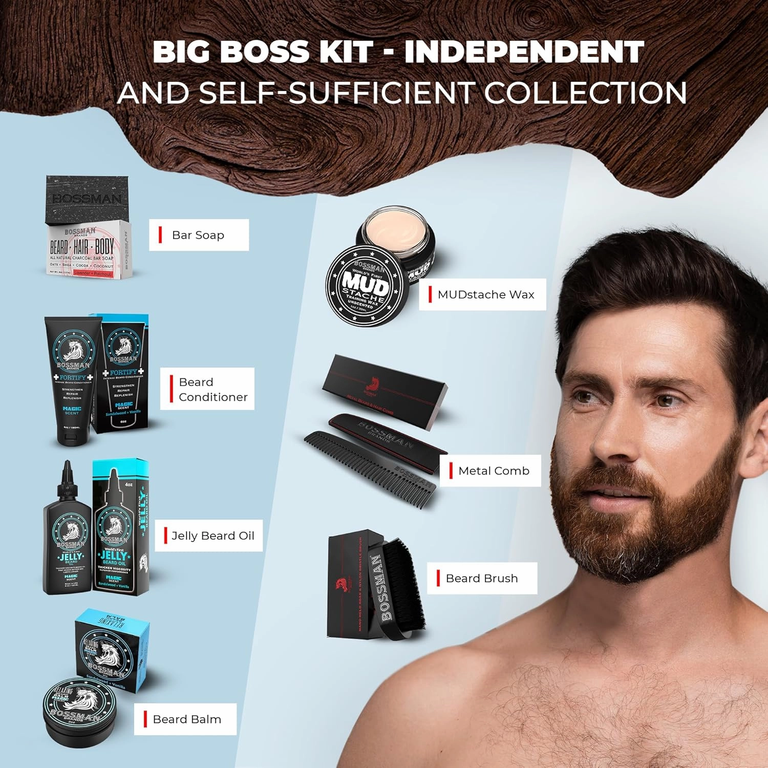 Bossman Big Boss Beard Care Kit for Men - 7 Piece Beard Grooming Kit with Jelly Beard Oil, Beard Conditioner, Beard Balm, MUDstache Wax, Bar Soap, Metal Comb, Brush - Mustache Kit (Magic)