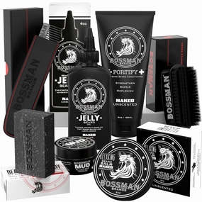 Bossman Big Boss Beard Care Kit for Men - 7 Piece Beard Grooming Kit with Jelly Beard Oil, Beard Conditioner, Beard Balm, MUDstache Wax, Bar Soap, Metal Comb, Brush - Mustache Kit (Naked)