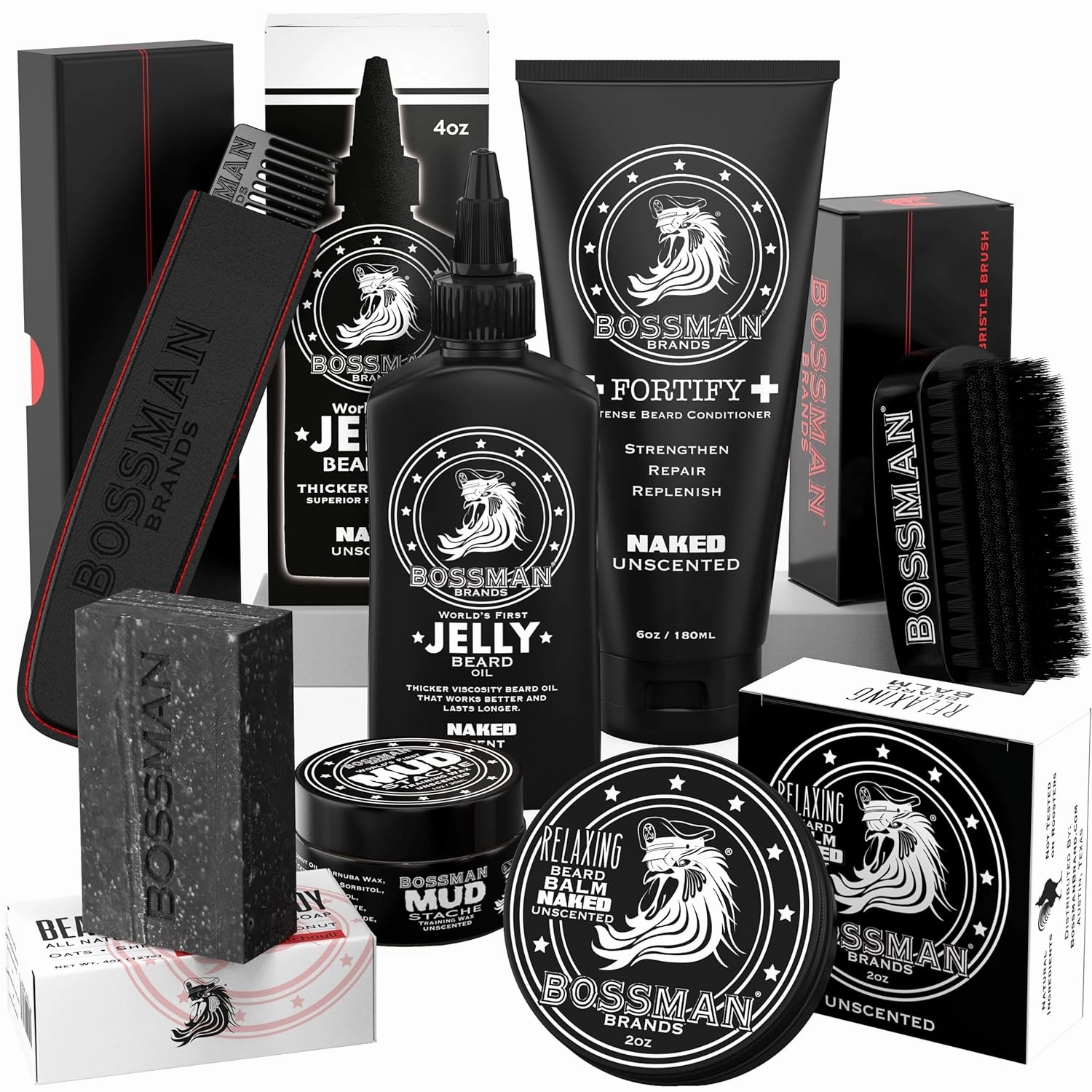 Bossman Big Boss Beard Care Kit for Men - 7 Piece Beard Grooming Kit with Jelly Beard Oil, Beard Conditioner, Beard Balm, MUDstache Wax, Bar Soap, Metal Comb, Brush - Mustache Kit (Naked)