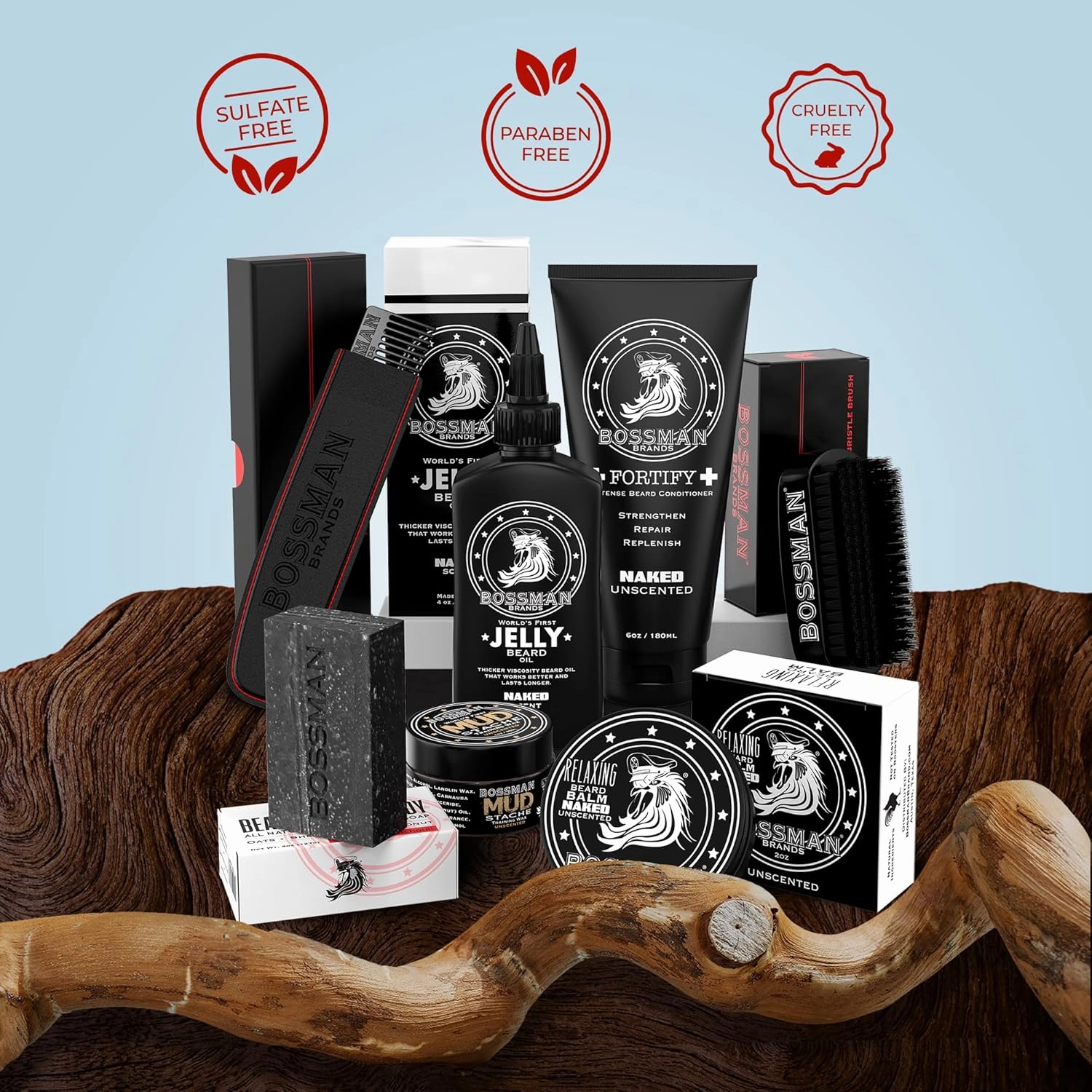 Bossman Big Boss Beard Care Kit for Men - 7 Piece Beard Grooming Kit with Jelly Beard Oil, Beard Conditioner, Beard Balm, MUDstache Wax, Bar Soap, Metal Comb, Brush - Mustache Kit (Naked)