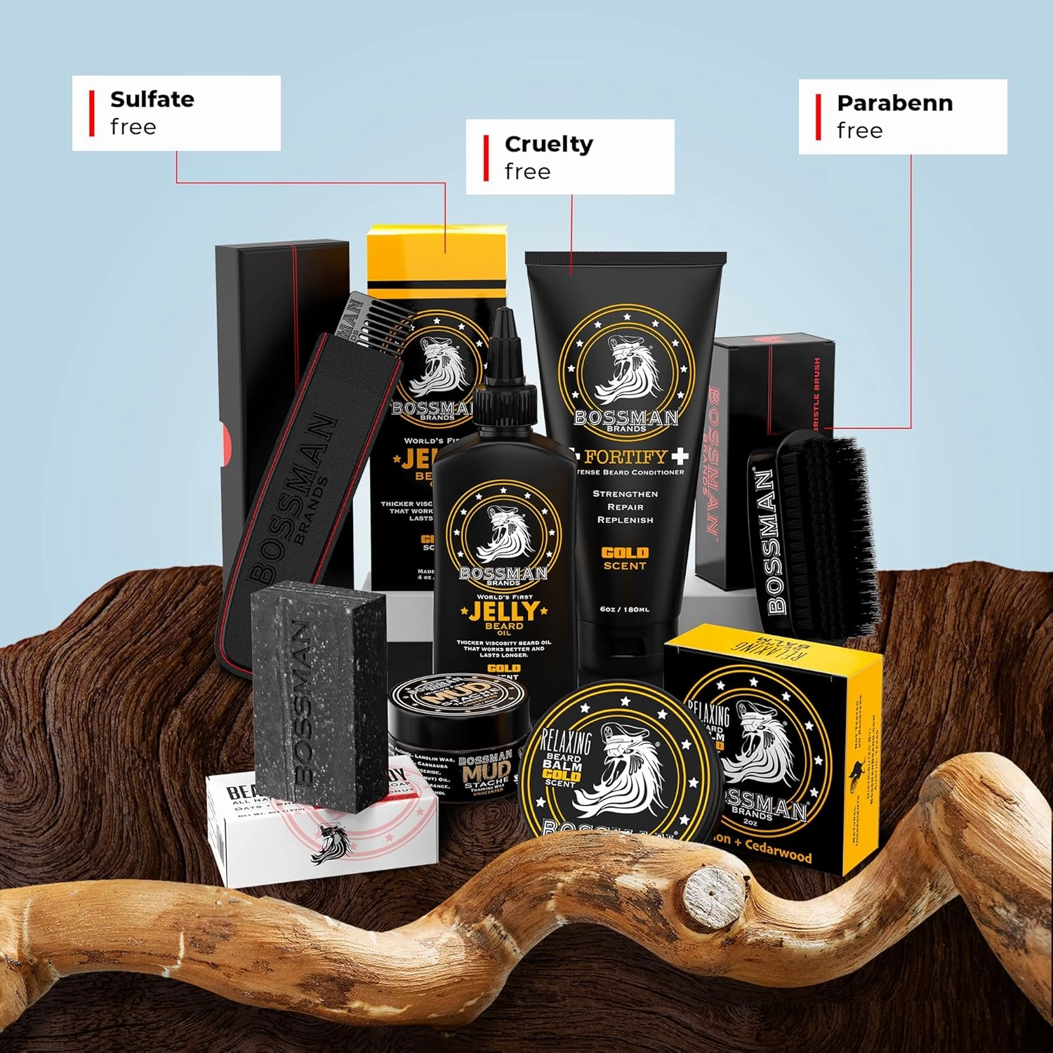 Bossman Big Boss Beard Care Kit for Men - 7 Piece Grooming Set with Jelly Beard Oil, Conditioner, Balm, Wax, Soap, Comb, Brush - Gold Scent