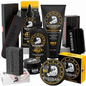 Bossman Big Boss Beard Care Kit for Men - 7 Piece Grooming Set with Jelly Beard Oil, Conditioner, Balm, Wax, Soap, Comb, Brush - Gold Scent
