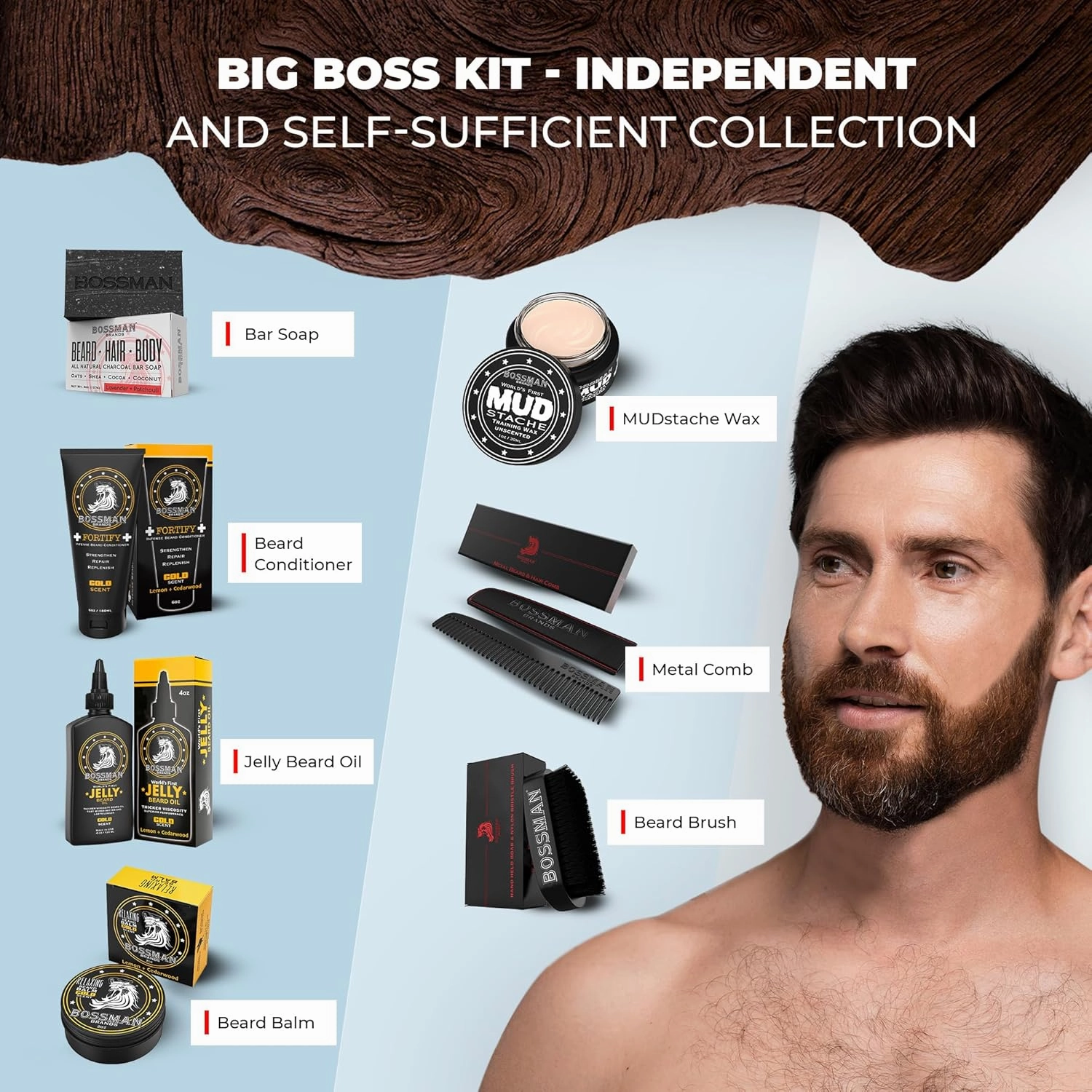 Bossman Big Boss Beard Care Kit for Men - 7 Piece Grooming Set with Jelly Beard Oil, Conditioner, Balm, Wax, Soap, Comb, Brush - Gold Scent