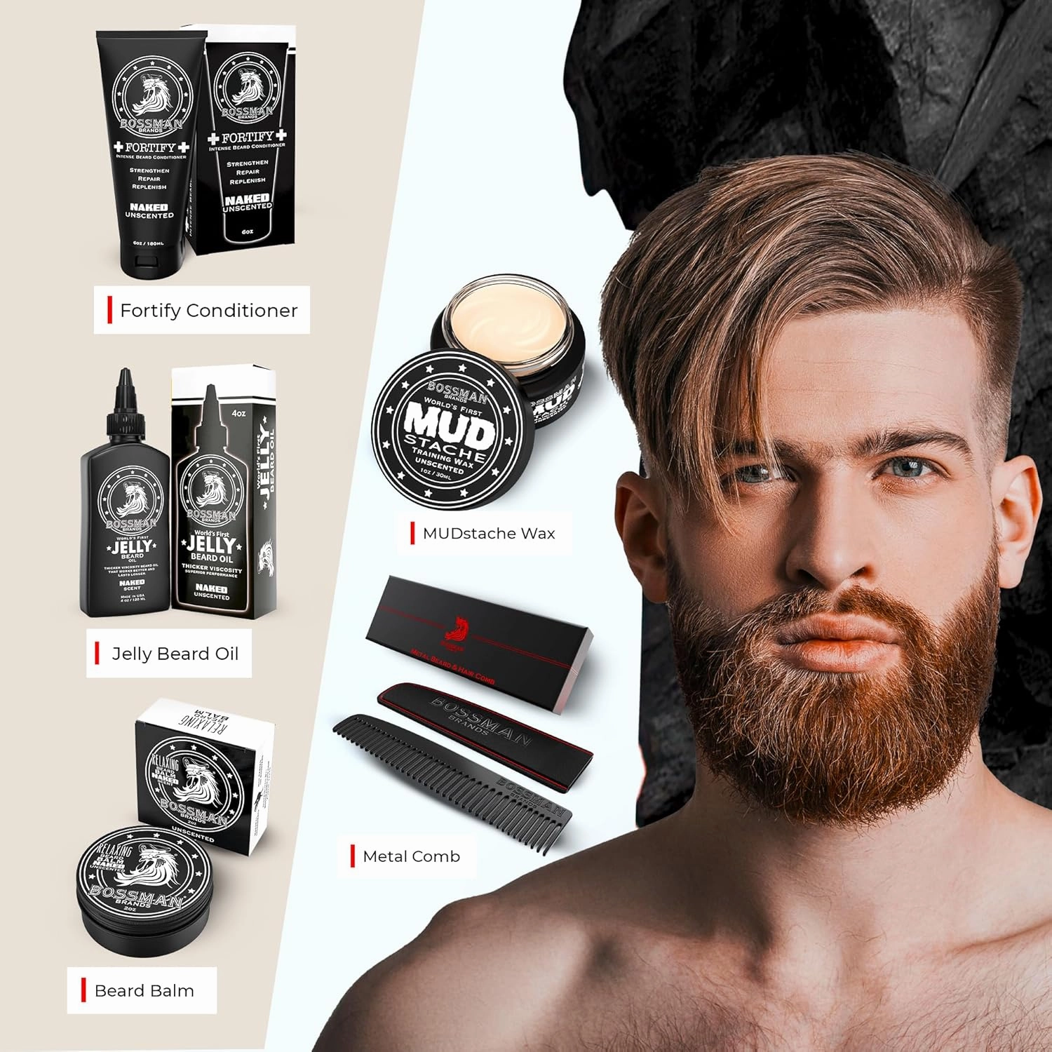Bossman Complete Beard Kit – Men's Beard Oil Jelly, Fortifying Shower Conditioner, Balm, Mustache Wax & Comb – Beard Softener & Grooming Care (Naked - Unscented)