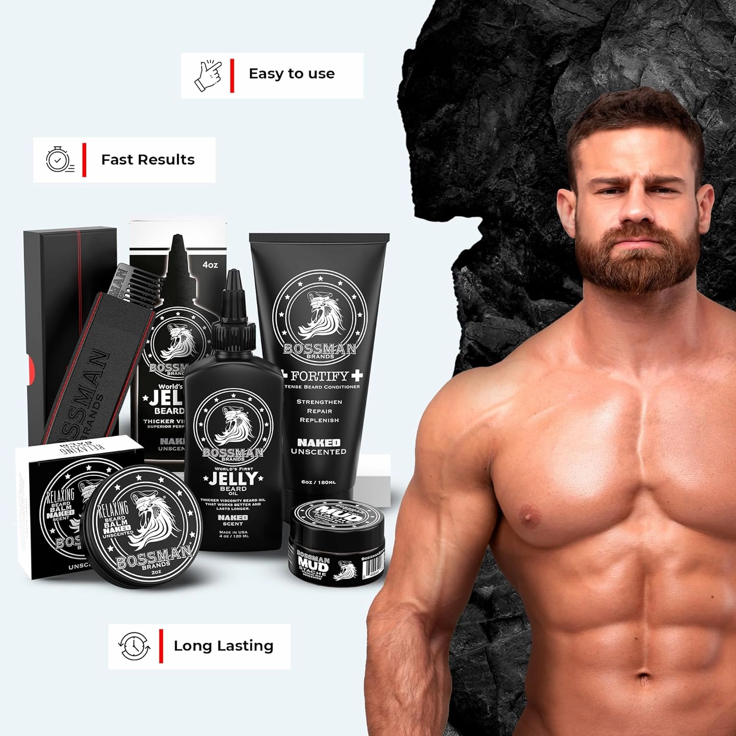 Bossman Complete Beard Kit – Men's Beard Oil Jelly, Fortifying Shower Conditioner, Balm, Mustache Wax & Comb – Beard Softener & Grooming Care (Naked - Unscented)