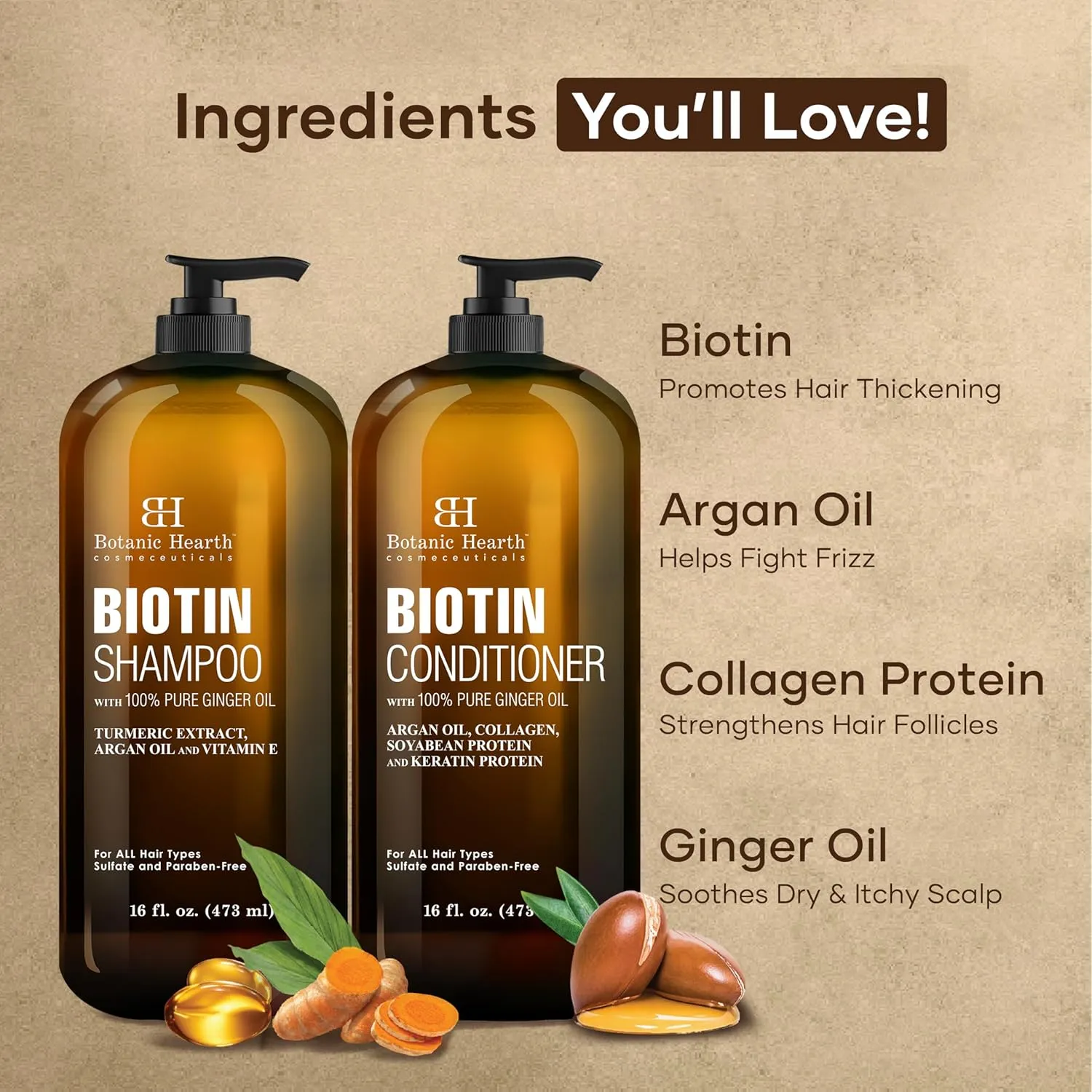Botanic Hearth Biotin Shampoo and Conditioner Set - with Ginger Oil & Keratin for Hair Loss and Thinning Hair for Men and Women - Sulfate Free, 16 fl oz each