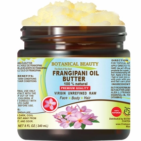 Botanical Beauty FRANGIPANI OIL BUTTER 100% Natural 8 Fl Oz - 240 ml. Frangipani Essential Oil in Shea Nut Butter for FACE, SKIN, BODY, HAIR, NAILS. Beauty Skin Moisturizer Oil Butter.