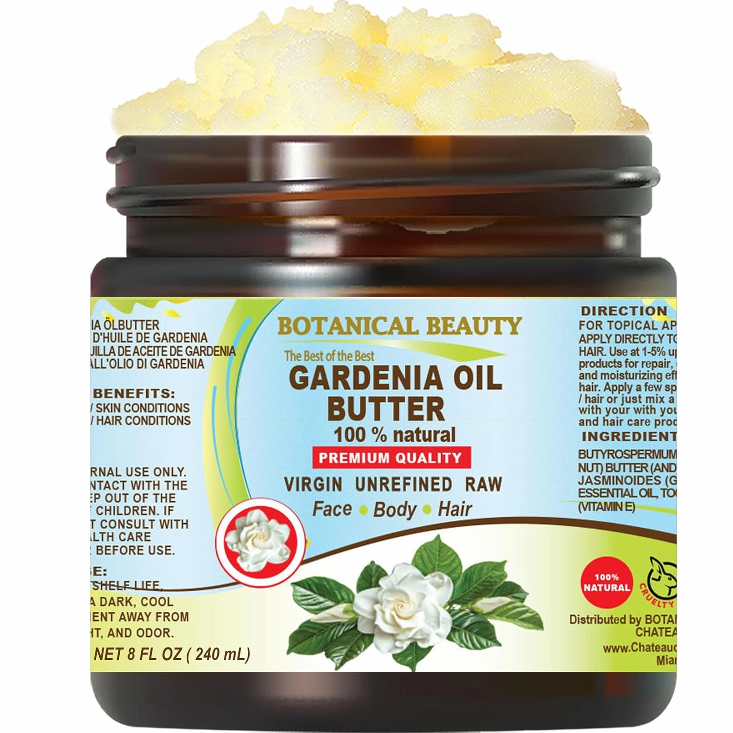 Botanical Beauty GARDENIA OIL BUTTER 100% Natural 8 Fl.oz.- 240 ml. Gardenia Essential Oil in Shea Nut Butter for FACE, SKIN, BODY, HAIR, NAILS. Beauty Skin Moisturizer Oil Butter.