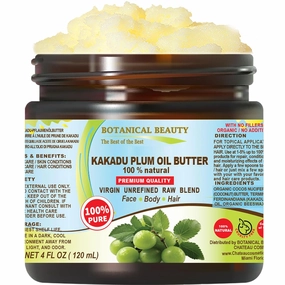 Botanical Beauty KAKADU PLUM OIL BUTTER Pure Natural Virgin Unrefined RAW 4 Fl. Oz.- 120 ml for FACE, SKIN, BODY, DAMAGED HAIR, NAILS