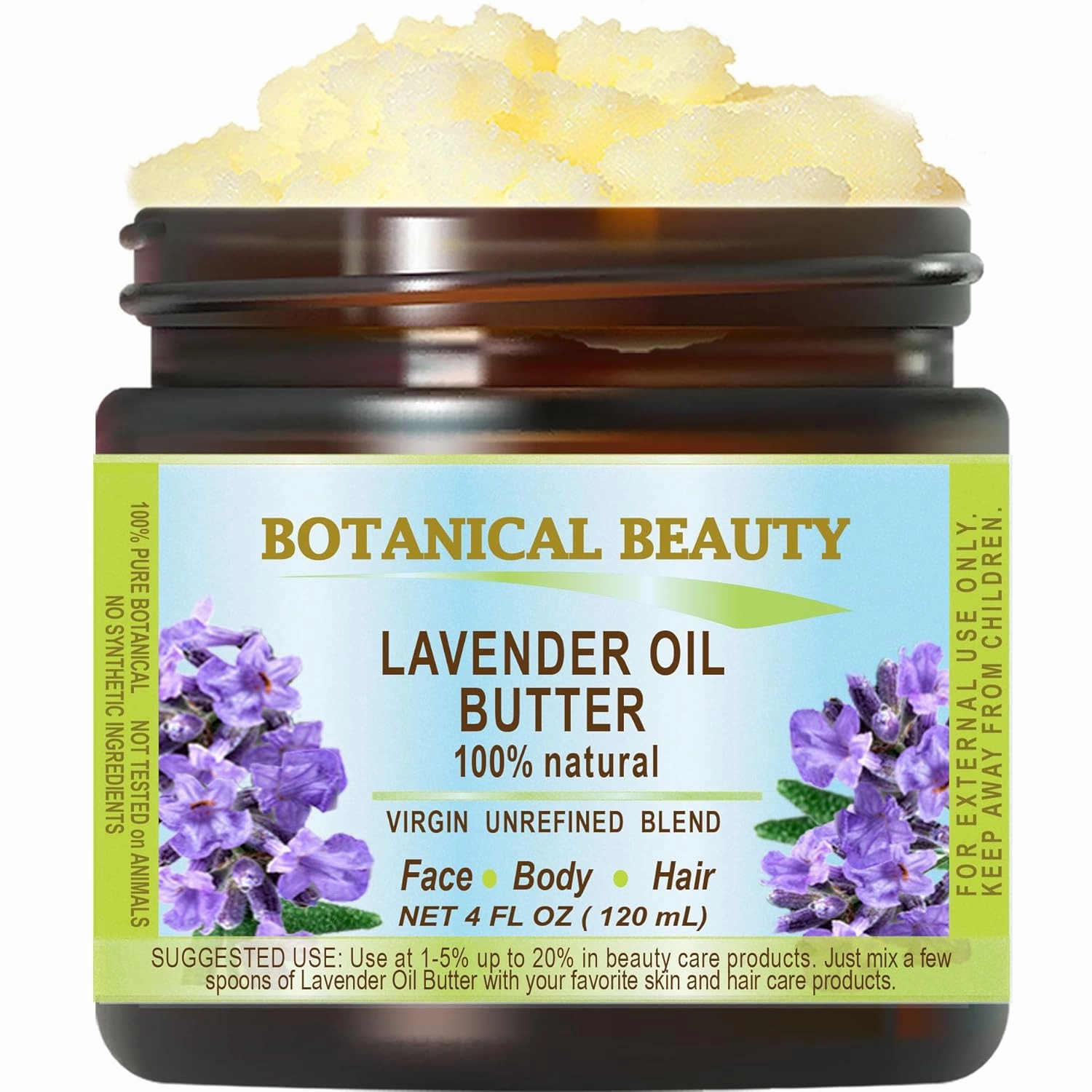 Botanical Beauty LAVENDER OIL BUTTER 100% Natural 4 Fl.oz.- 120 ml. Lavender Essential Oil in Shea Nut Butter for FACE, SKIN, BODY, HAIR, NAILS. Beauty Skin Moisturizer Oil Butter.