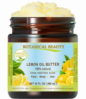 Botanical Beauty LEMON OIL BUTTER 100% Natural Pure VIRGIN UNREFINED RAW Cold Pressed. Lemon essential Oil, Shea Nut Butter Butyrospermum Parkii. 16 Fl oz - 480 ml. for Face, Skin, Body, Hair, Nails