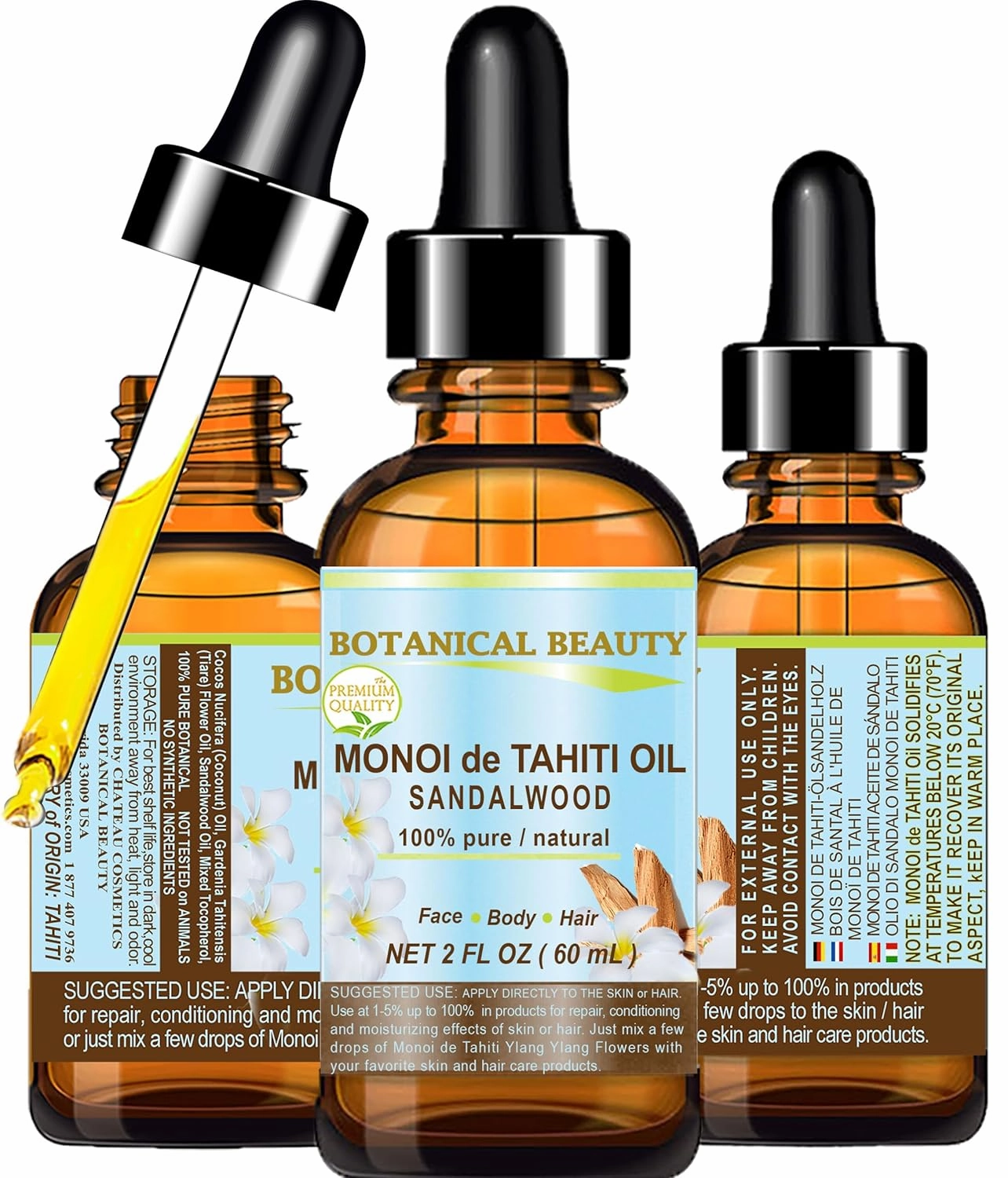 Botanical Beauty MONOI de TAHITI OIL SANDALWOOD 100% Pure. 2 Fl.oz - 60 ml. For Skin, Face, Hair and Nail Care.