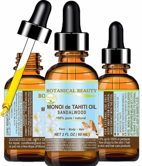 Botanical Beauty MONOI de TAHITI OIL SANDALWOOD 100% Pure. 2 Fl.oz - 60 ml. For Skin, Face, Hair and Nail Care.