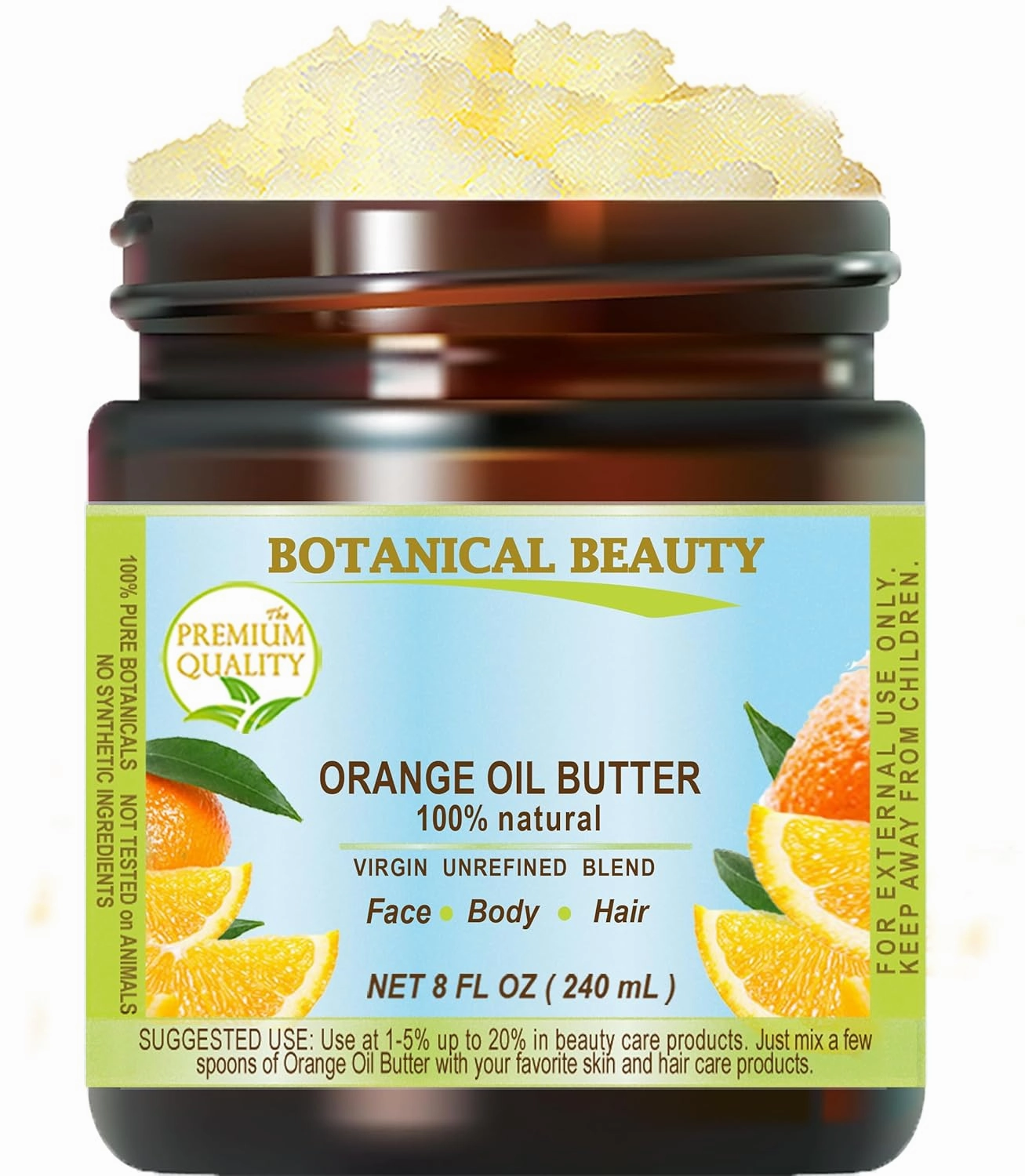 Botanical Beauty ORANGE OIL BUTTER 100% Natural Pure VIRGIN UNREFINED RAW Cold Pressed. Orange essential Oil, Shea Nut Butter Butyrospermum Parkii. 8 Fl oz - 240 ml. for Face, Skin, Body, Hair, Nails