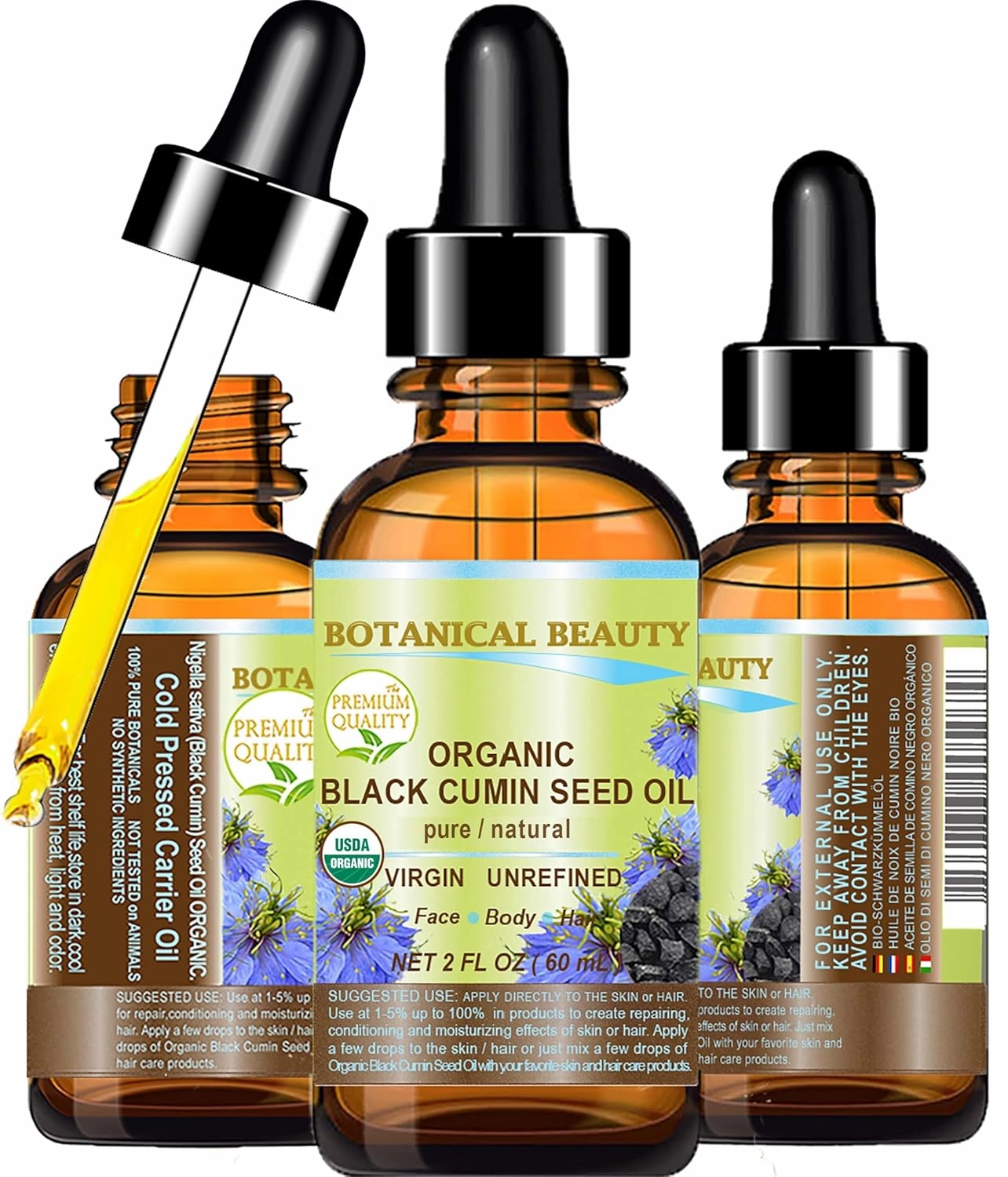 Botanical Beauty Organic BLACK CUMIN SEED OIL Nigella sativa 100% Pure Natural Virgin Undiluted 2 Fl.oz.- 60 ml for Face, Skin, Hair, Lip, Nails. Rich in Vitamin C, vitamin E