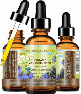 Botanical Beauty Organic BLACK CUMIN SEED OIL Nigella sativa 100% Pure Natural Virgin Undiluted 2 Fl.oz.- 60 ml for Face, Skin, Hair, Lip, Nails. Rich in Vitamin C, vitamin E