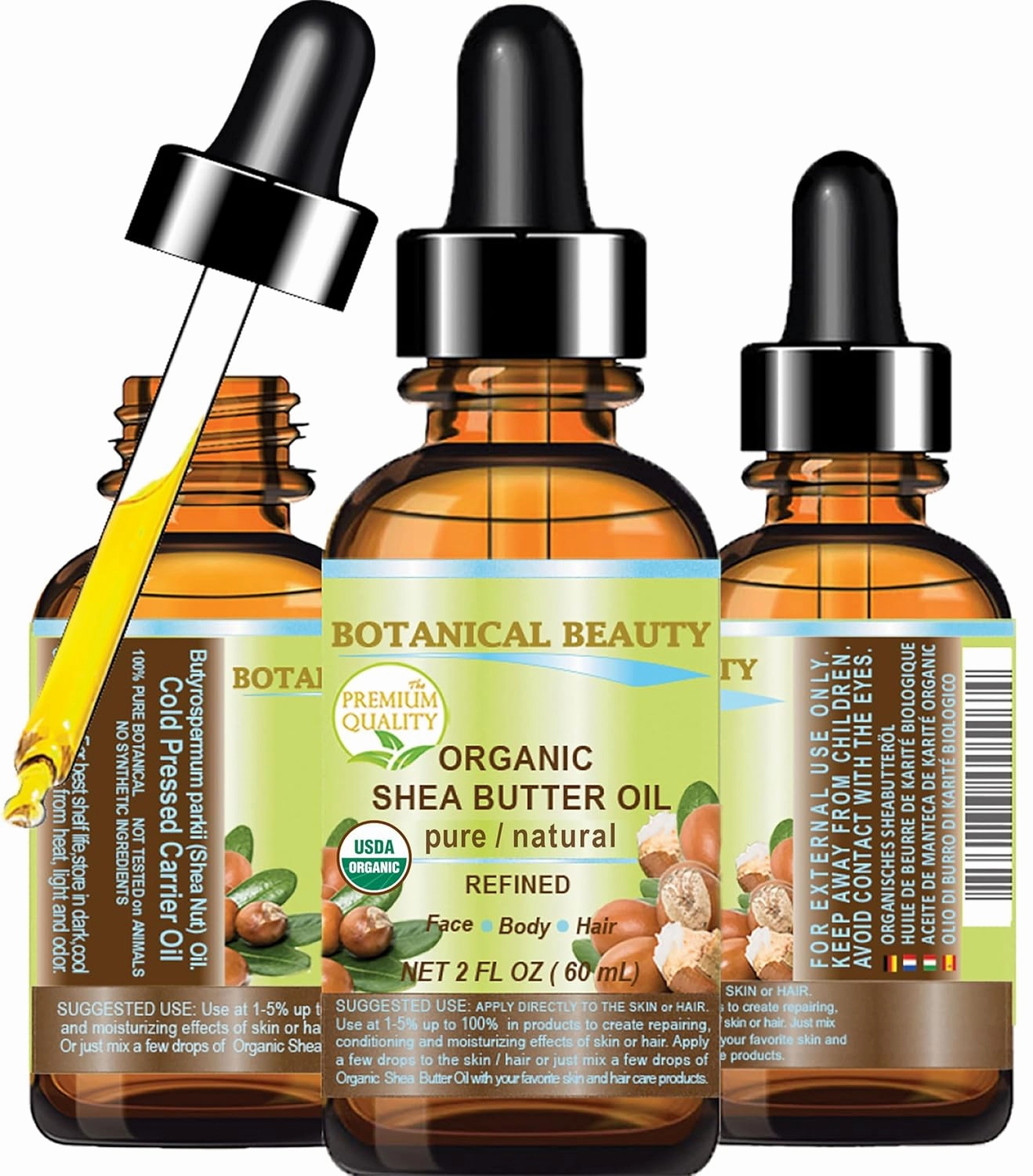 Botanical Beauty Organic SHEA BUTTER OIL 100% Pure Natural Undiluted Refined Cold Pressed Carrier Oil. 2 Fl.oz.- 60 ml. for Face, Skin, Hair, Lip, Nails. African Shea (Karite) Nut Oil
