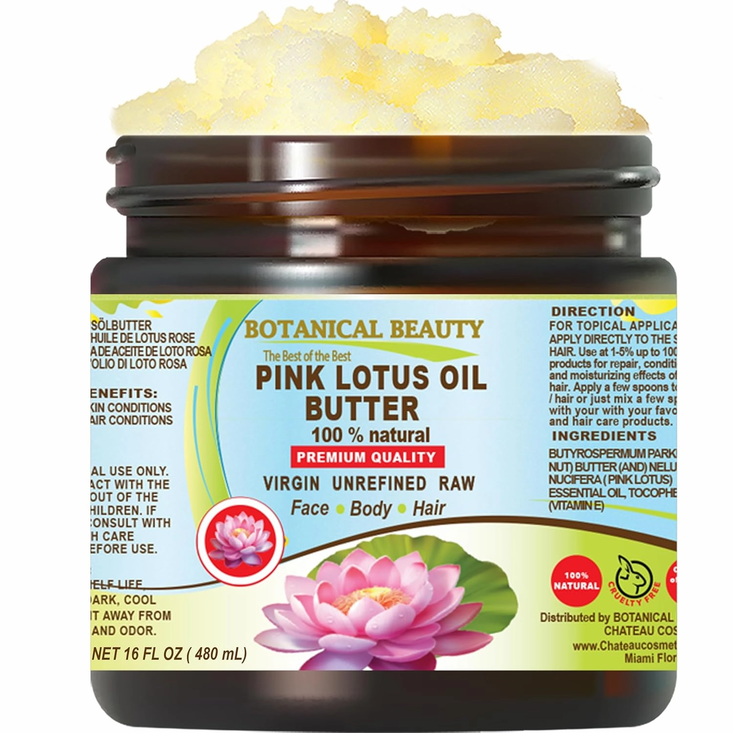 Botanical Beauty PINK LOTUS OIL BUTTER 100% Natural 16 Fl.oz.- 480 ml. Pink Lotus Essential Oil in Shea Nut Butter for FACE, SKIN, BODY, HAIR, NAILS. Beauty Skin Moisturizer Oil Butter