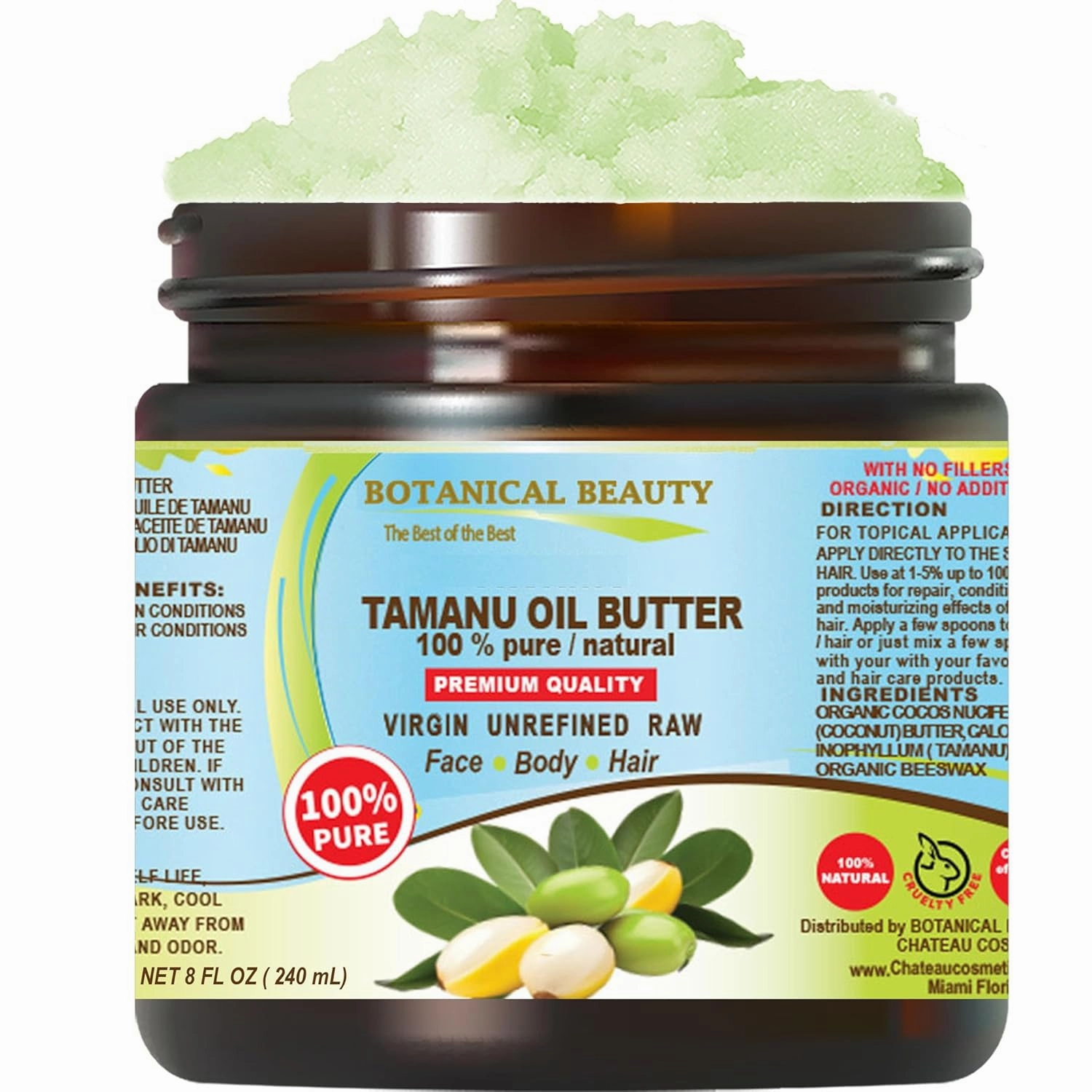 Botanical Beauty TAMANU OIL BUTTER RAW 100% Pure Natural VIRGIN UNREFINED Cold-Pressed Carrier 8 Fl oz 240 ml for Face, Skin, Body, Hair, Lip, Nails. Rich in Vitamin E