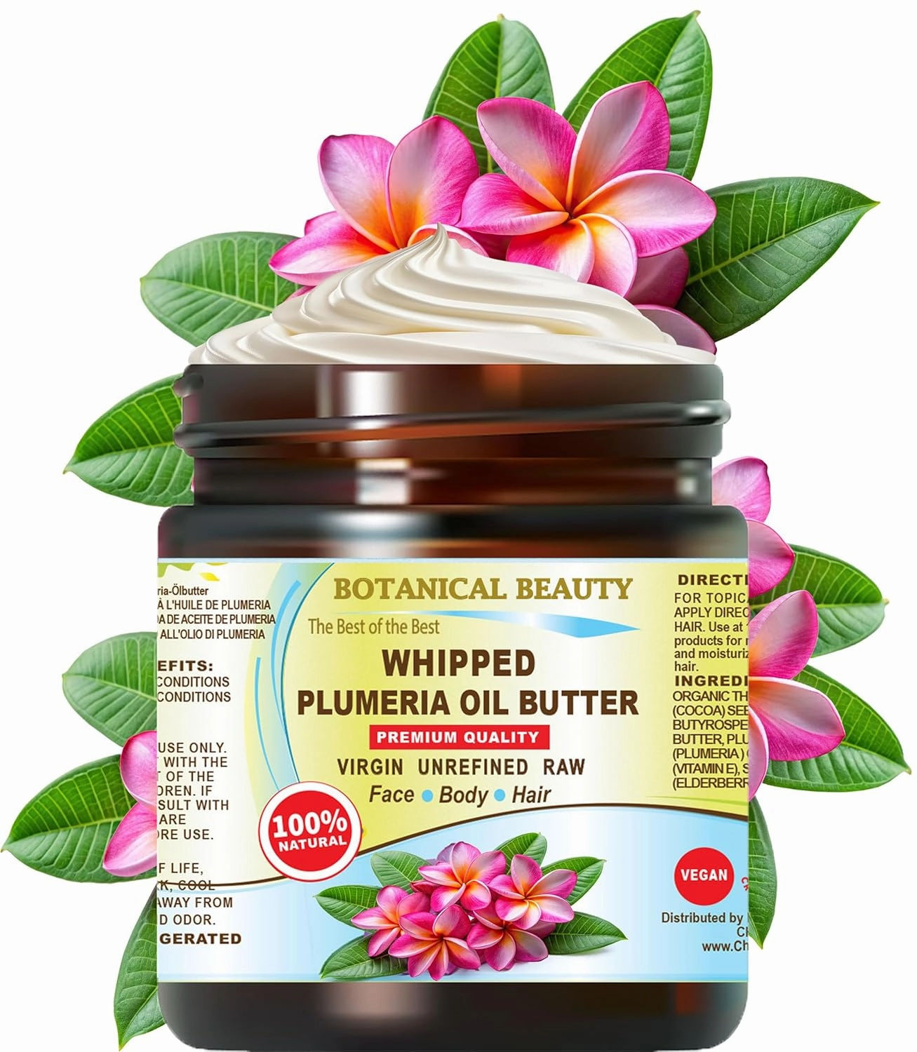 Botanical Beauty Whipped PLUMERIA OIL BUTTER 100% Natural Pure RAW. Cocoa Butter, Shea Nut Butter, Plumeria Oil Virgin Unrefined Cold Pressed for FACE, SKIN, BODY, HAIR, NAILS. (4 Fl Oz 120 ml)