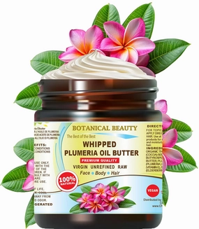 Botanical Beauty Whipped PLUMERIA OIL BUTTER 100% Natural Pure RAW. Cocoa Butter, Shea Nut Butter, Plumeria Oil Virgin Unrefined Cold Pressed for FACE, SKIN, BODY, HAIR, NAILS. (4 Fl Oz 120 ml)
