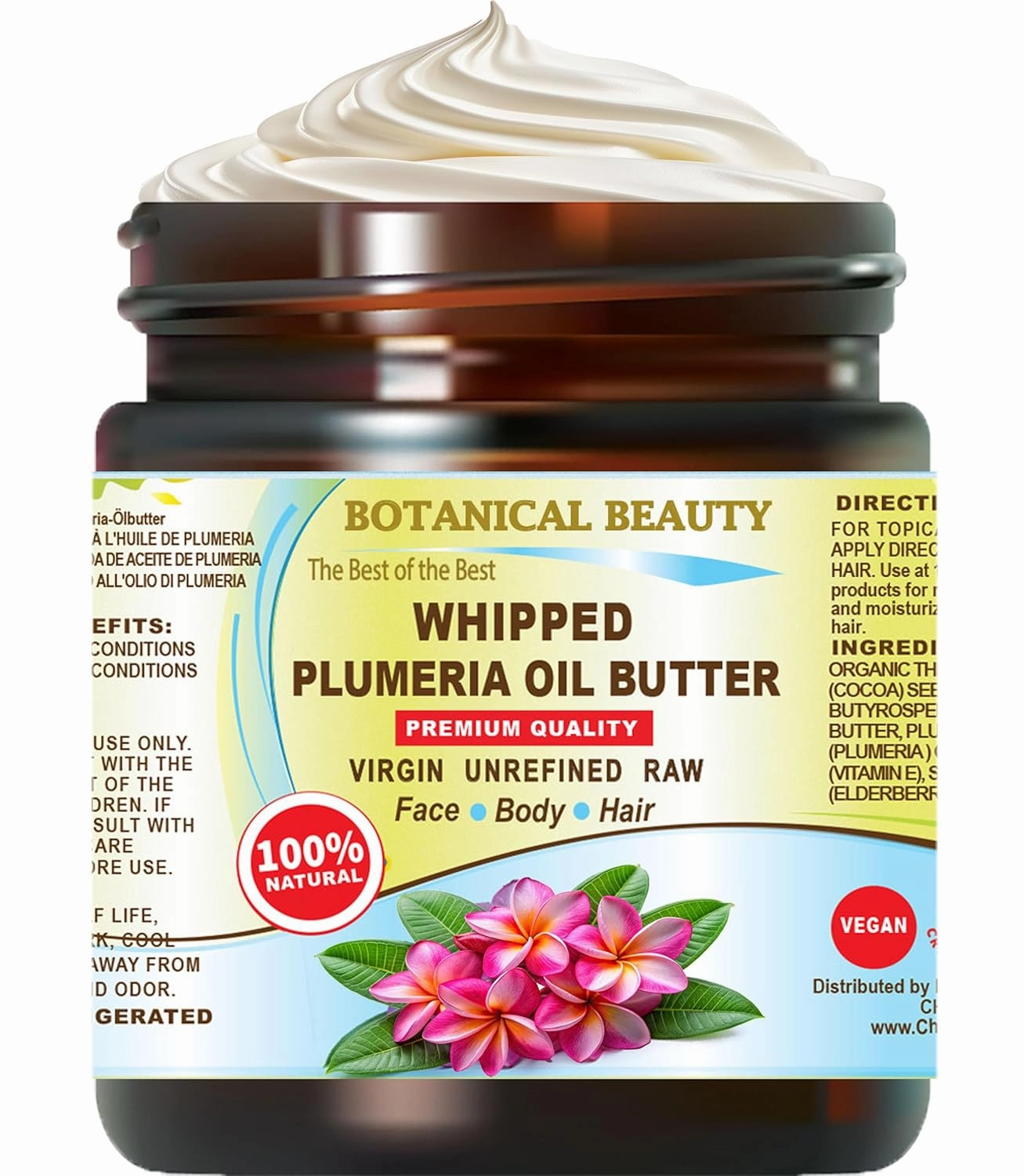 Botanical Beauty Whipped PLUMERIA OIL BUTTER 100% Natural Pure RAW. Cocoa Butter, Shea Nut Butter, Plumeria Oil Virgin Unrefined Cold Pressed for FACE, SKIN, BODY, HAIR, NAILS. (4 Fl Oz 120 ml)