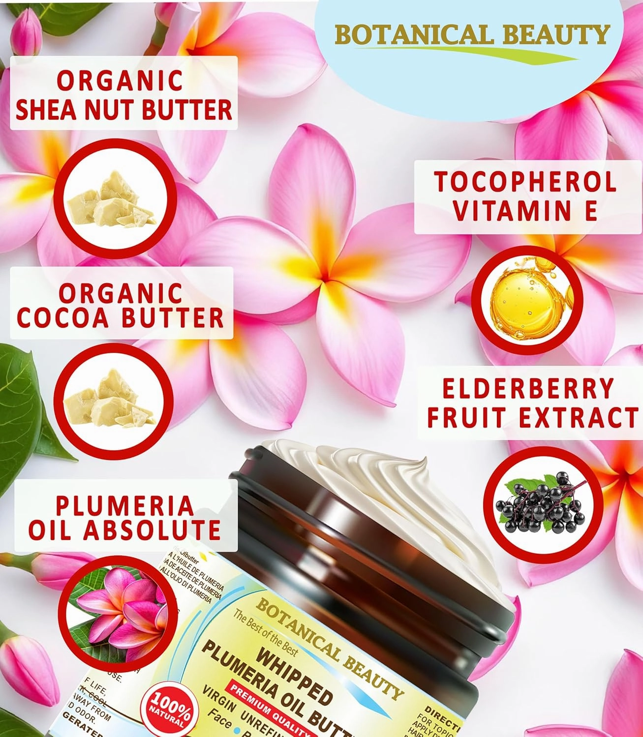 Botanical Beauty Whipped PLUMERIA OIL BUTTER 100% Natural Pure RAW. Cocoa Butter, Shea Nut Butter, Plumeria Oil Virgin Unrefined Cold Pressed for FACE, SKIN, BODY, HAIR, NAILS. (4 Fl Oz 120 ml)