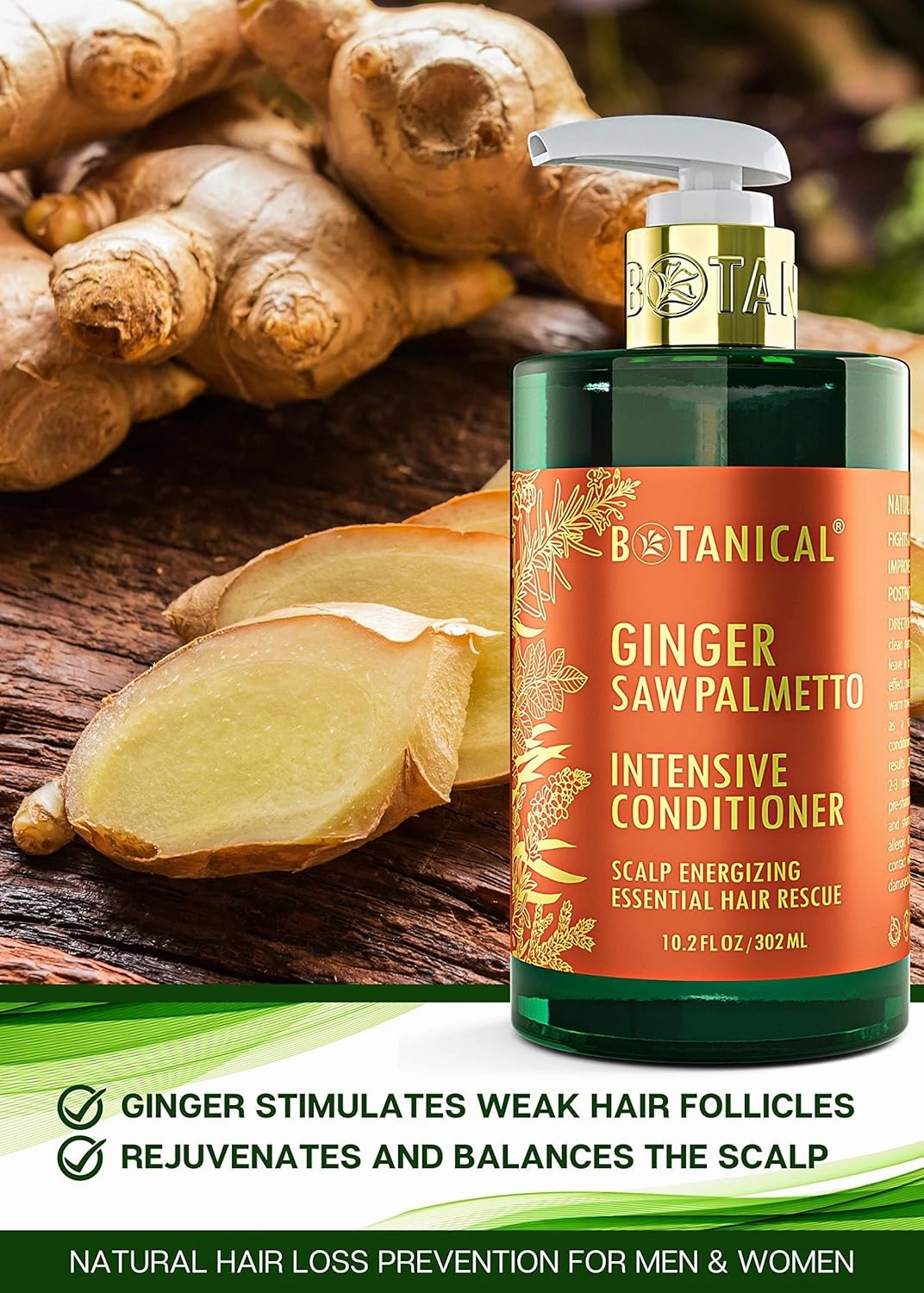 Botanical Hair Growth Conditioner “Scalp Energizing” Intensive Anti-Hair Loss for Thinning Hair Ginger Saw Palmetto Conditioner for Hair Loss Thickening Products For Women & Men 10.2 Fl Oz