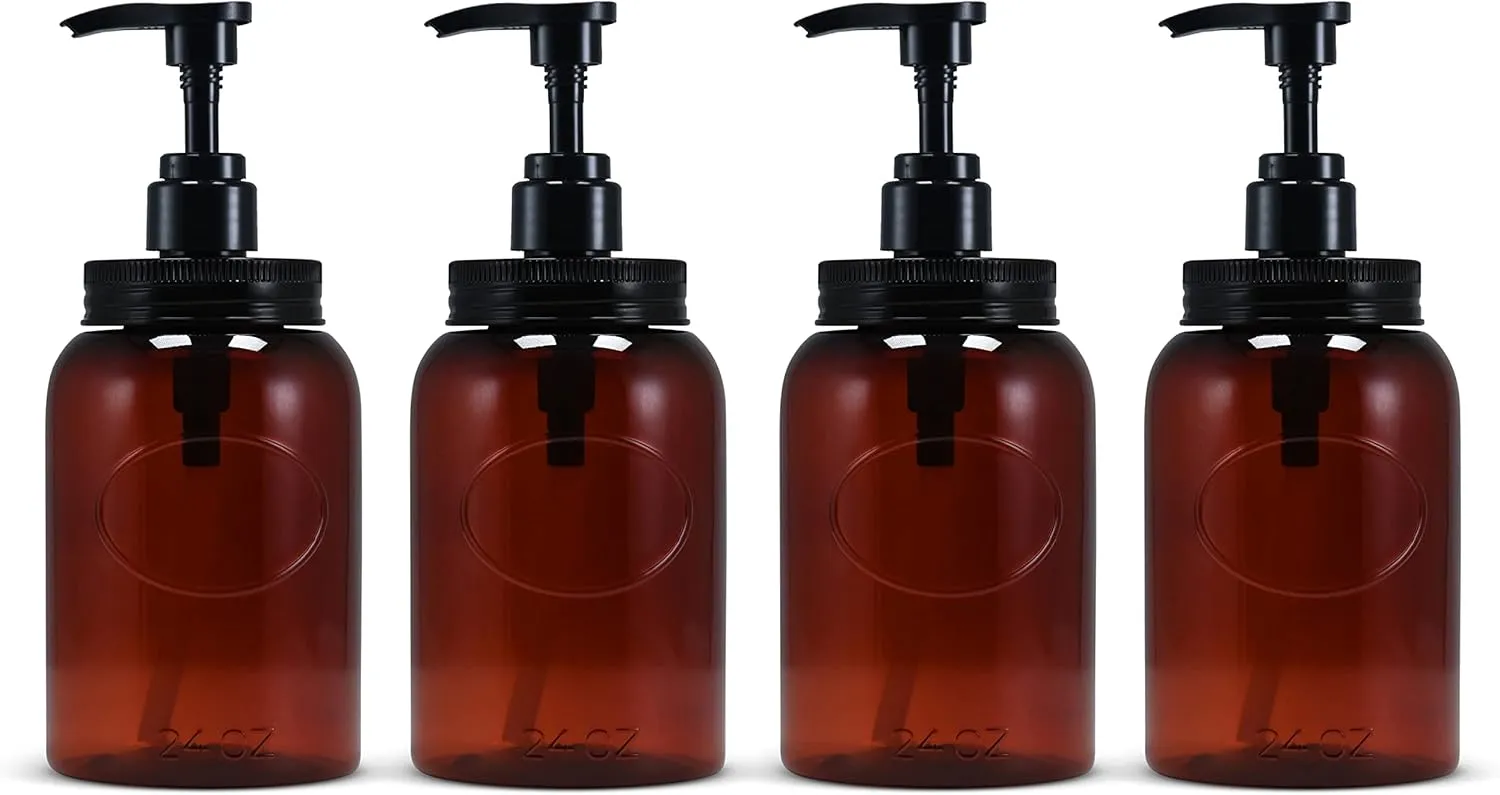 Bottiful Home-24 oz Plastic Refillable Wide-Mouth Jar Style Pump Bottle Dispenser Set of 4 for Thick Liquids (Amber)