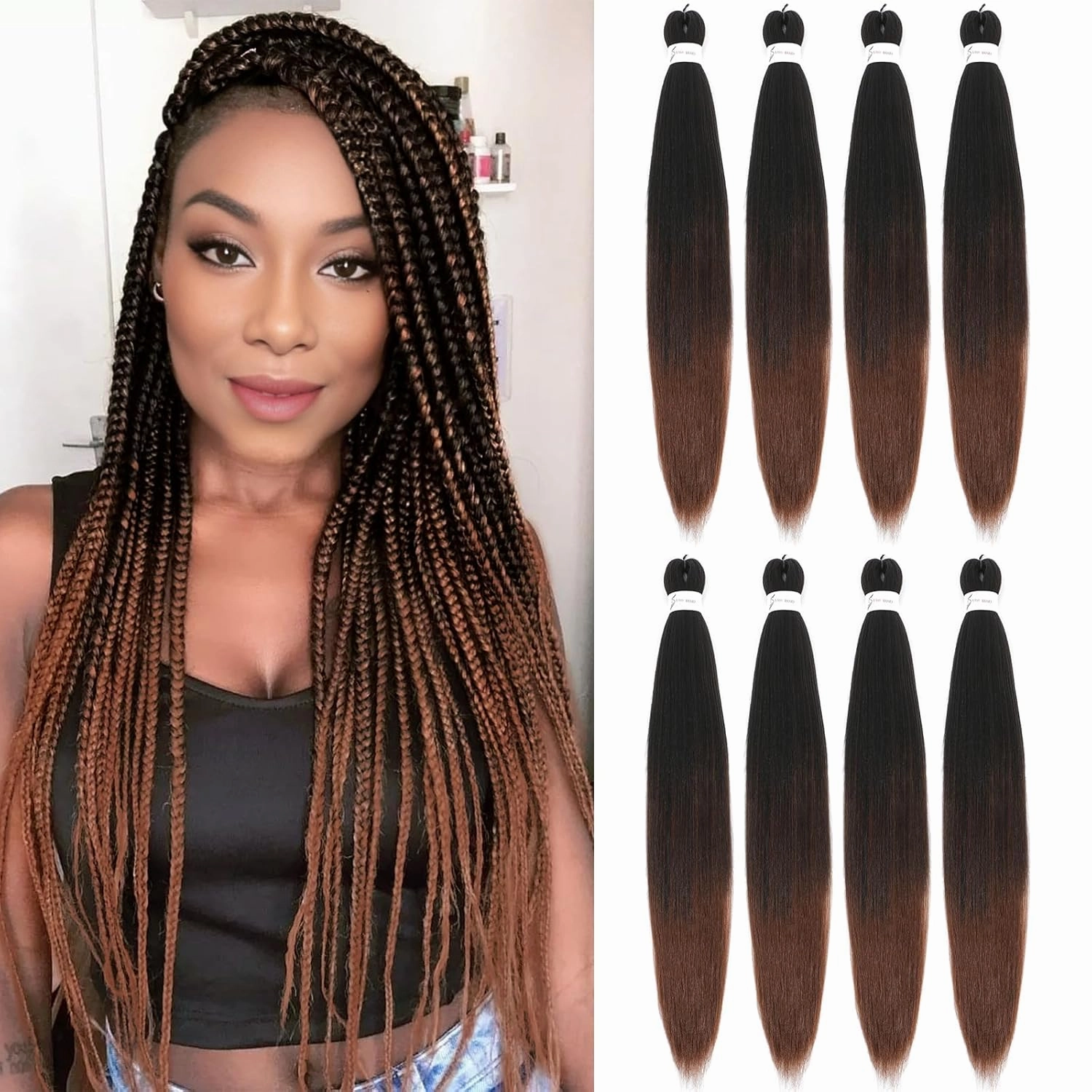 Braiding Hair Pre Stretched, 26 Inch 8 Pack Long Prestretched Braiding Hair For Braid Women Hair,Professional Two Tone Brown Synthetic Hair For Knotless Crochet Braids,Soft Yaki Straight(26in,8pc,T30)