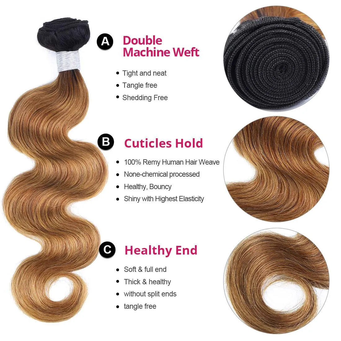 Brazilian Body Wave Ombre Human Hair Bundles - 3 Bundles Remy Virgin Hair Weave - 100% Unprocessed - 12-14-16 Inch - 2 Tone 1B/30#