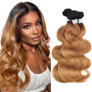 Brazilian Body Wave Ombre Human Hair Bundles - 3 Bundles Remy Virgin Hair Weave - 100% Unprocessed - 12-14-16 Inch - 2 Tone 1B/30#