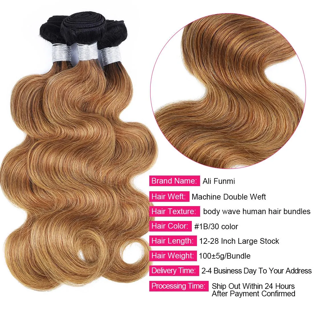 Brazilian Body Wave Ombre Human Hair Bundles - 3 Bundles Remy Virgin Hair Weave - 100% Unprocessed - 12-14-16 Inch - 2 Tone 1B/30#