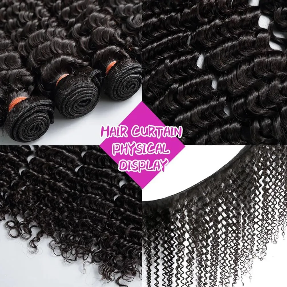 Brazilian Human Hair Bundles Deep Wave (20 22 24 26) 12A Grade 100% Unprocessed Virgin Remy Deep Curly Human Hair Weave Bundles Human Hair Wet and Weft Extensions Natural Black Color for Black Women