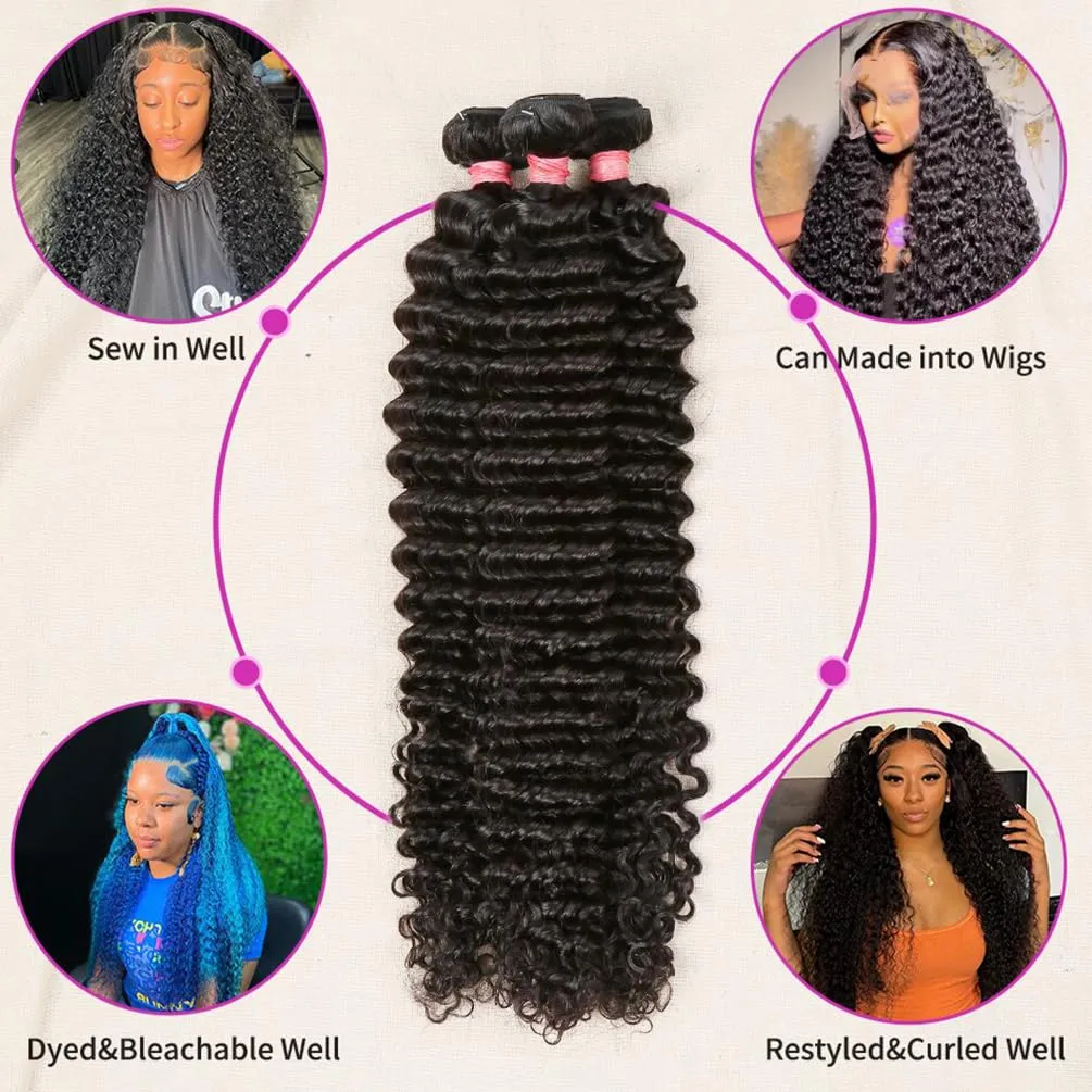 Brazilian Human Hair Bundles Deep Wave (20 22 24 26) 12A Grade 100% Unprocessed Virgin Remy Deep Curly Human Hair Weave Bundles Human Hair Wet and Weft Extensions Natural Black Color for Black Women