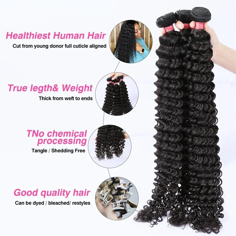 Brazilian Human Hair Bundles Deep Wave (20 22 24 26) 12A Grade 100% Unprocessed Virgin Remy Deep Curly Human Hair Weave Bundles Human Hair Wet and Weft Extensions Natural Black Color for Black Women