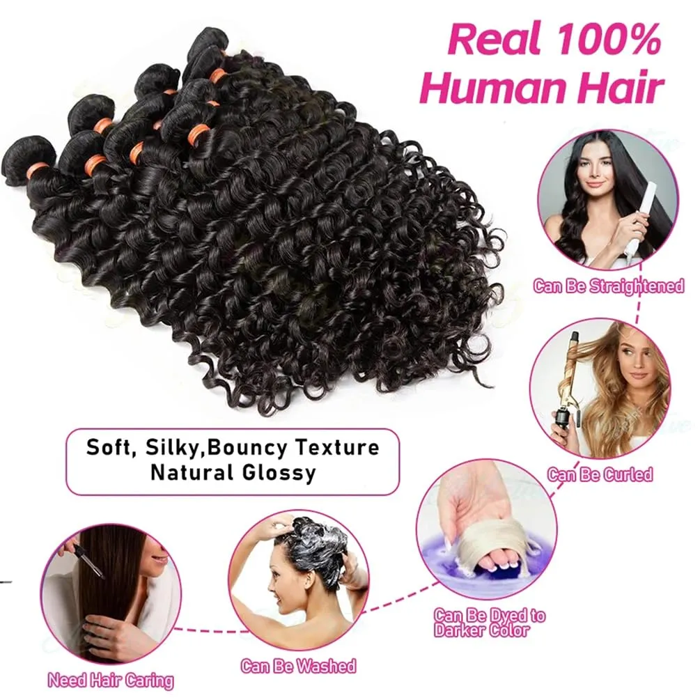 Brazilian Human Hair Bundles Deep Wave (20 22 24 26) 12A Grade 100% Unprocessed Virgin Remy Deep Curly Human Hair Weave Bundles Human Hair Wet and Weft Extensions Natural Black Color for Black Women