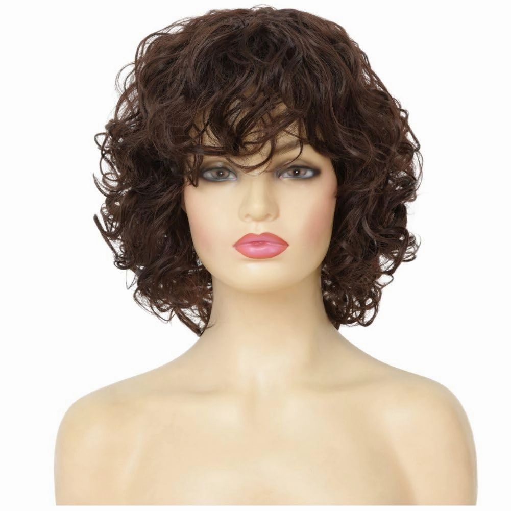 Brown Curly Bob Wigs for Women Shoulder Length Natural Looking Party Cosplay Daily Synthetic Full Wigs Womens Wig with Bangs